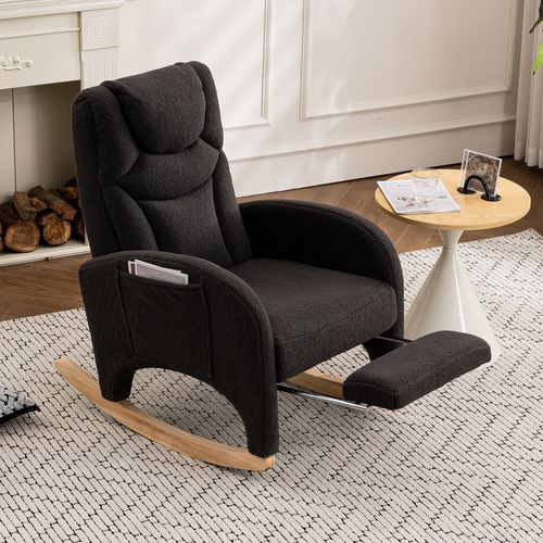 Fauteuil Relax à Bascule - Accoudoirs - Repose-pieds - Assise Rembourrée - Tissu Teddy - Gris Foncé
