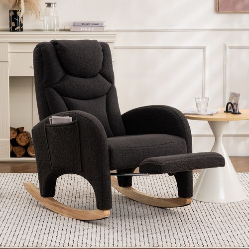 Fauteuil Relax à Bascule - Accoudoirs - Repose-pieds - Assise Rembourrée - Tissu Teddy - Gris Foncé