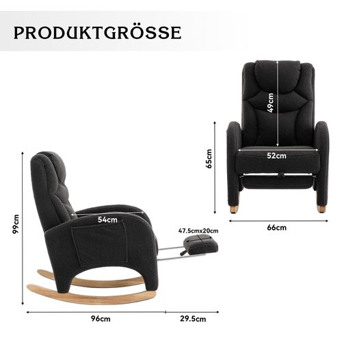 Fauteuil Relax à Bascule - Accoudoirs - Repose-pieds - Assise Rembourrée - Tissu Teddy - Gris Foncé