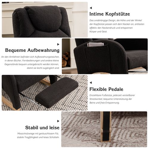Fauteuil Relax à Bascule - Accoudoirs - Repose-pieds - Assise Rembourrée - Tissu Teddy - Gris Foncé