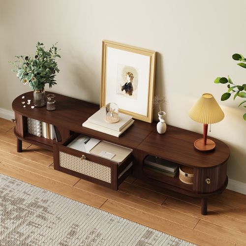 Meuble TV Avec Portes Et Tiroirs En Rotin Naturel, Style Rustique Moderne, Panneau De Particules