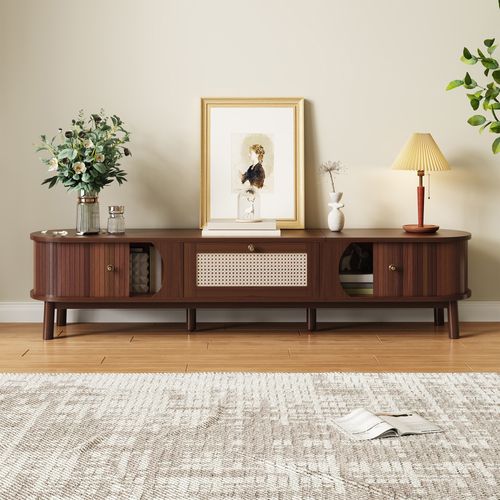 Meuble TV Avec Portes Et Tiroirs En Rotin Naturel, Style Rustique Moderne, Panneau De Particules