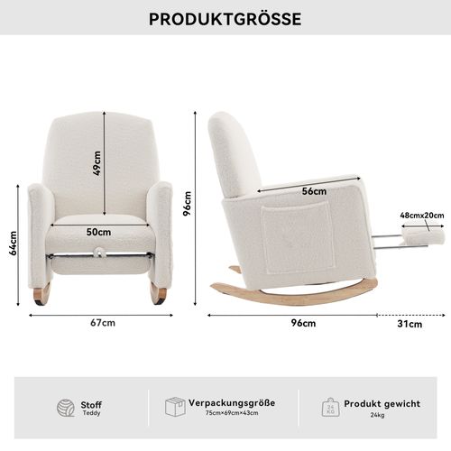 Fauteuil à Bascule Relax - Repose-pieds - Dossier Haut -confort Optimal - Tissu Polaire Teddy -blanc