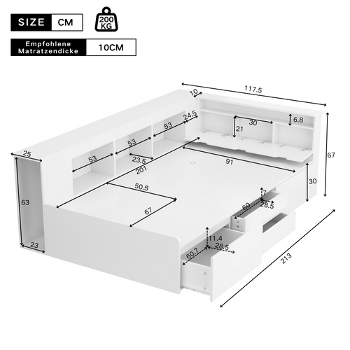 Lit Enfant 90x200 Cm - Lit Simple Avec Coffre Et Compartiments Latéraux - Mdf - Blanc