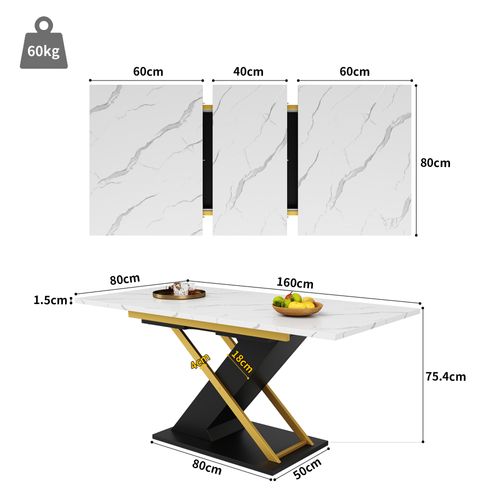 Table à Manger Rectangulaire Extensible - Piètement Croisé Doré - Mdf Et Métal - Noir Et Blanc
