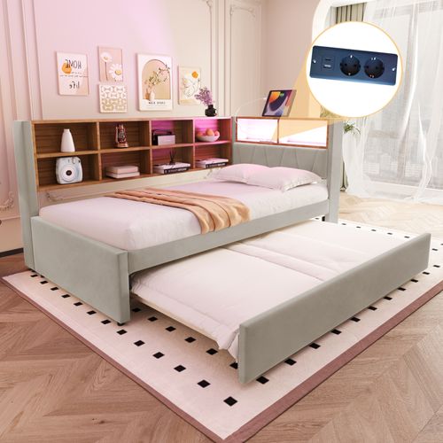 Lit Gigogne 90x200 - Lit Enfant/ado Avec Rangement Et Port USB - Multifonction Rembourré -gris Clair