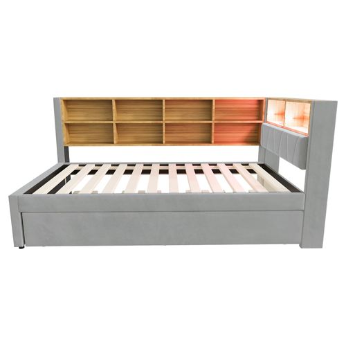 Lit Gigogne 90x200 - Lit Enfant/ado Avec Rangement Et Port USB - Multifonction Rembourré -gris Clair