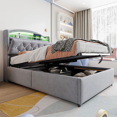 Lit Coffre 90x200 - Lit Simple Enfant En Velours - Coffre De Rangement - Éclairage LED Intégré - Ris