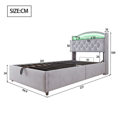 Lit Coffre 90x200 - Lit Simple Enfant En Velours - Coffre De Rangement - Éclairage LED Intégré - Ris