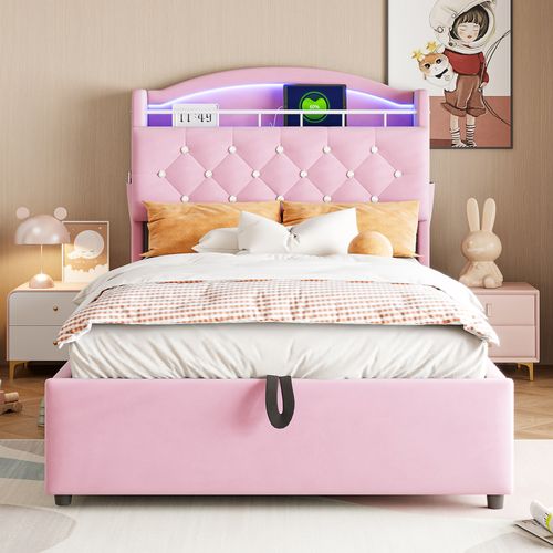 Lit Coffre 90x200 - Lit Simple Enfant En Velours - Coffre Intégré - LED Et Port USB Inclus - Rose