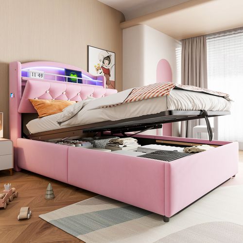 Lit Coffre 90x200 - Lit Simple Enfant En Velours - Coffre Intégré - LED Et Port USB Inclus - Rose