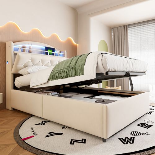 Lit Coffre Enfant 90x200 - Lit Capitonné Avec LED Intégrée - Rangement - Design Moderne - Beige