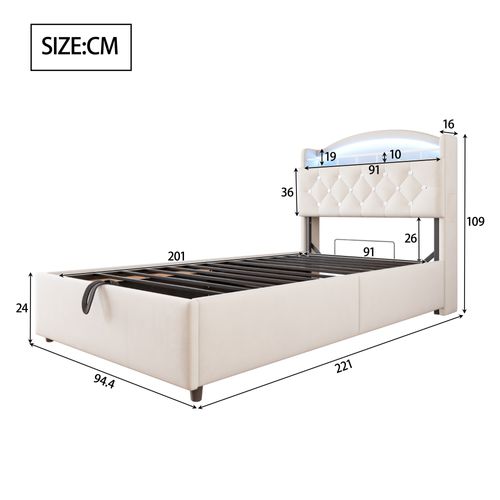 Lit Coffre Enfant 90x200 - Lit Capitonné Avec LED Intégrée - Rangement - Design Moderne - Beige