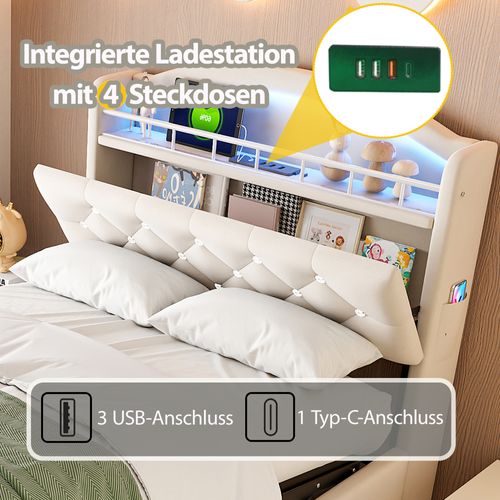 Lit Coffre Enfant 90x200 - Lit Capitonné Avec LED Intégrée - Rangement - Design Moderne - Beige