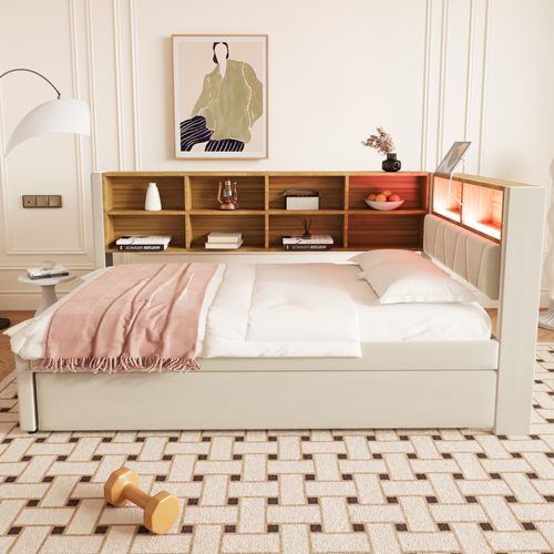 Lit Gigogne 90x200 - Lit Multifonction Avec Éclairage LED Et Rangement - Design Moderne - Beige