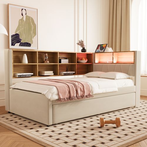 Lit Gigogne 90x200 - Lit Multifonction Avec Éclairage LED Et Rangement - Design Moderne - Beige