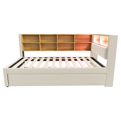 Lit Gigogne 90x200 - Lit Multifonction Avec Éclairage LED Et Rangement - Design Moderne - Beige