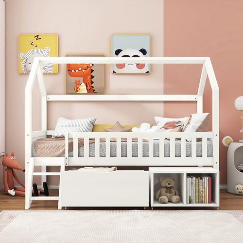 Lit Enfant Cabane 90x200 Cm - Lit Simple Avec Barrière Anti-chute Et Rangement - Blanc
