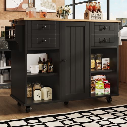 Îlot De Cuisine Design Avec Rangements Étagères Amovibles Portes Et Plan De Travail - Mdf - Noir