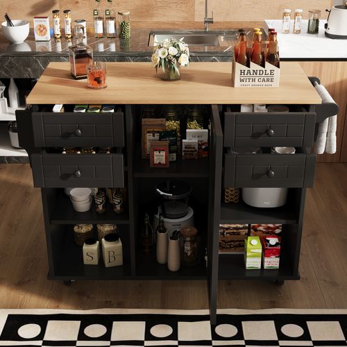 Îlot De Cuisine Design Avec Rangements Étagères Amovibles Portes Et Plan De Travail - Mdf - Noir