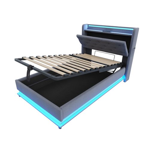 Lit Coffre Simple 90x200 Cm - LED Multicolore - Rangement Intégré - Poche Téléphone -lin - Gris