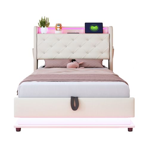 Lit Coffre 90x200 Cm - Lit Capitonné Avec LED - Rangement - USB Inclus - Multifonction - Lin - Beige