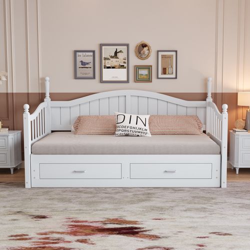 Lit Gigogne 90/180x190 Cm - Coffres Rangement - Sommier à Lattes - Extensible - Bois - Blanc