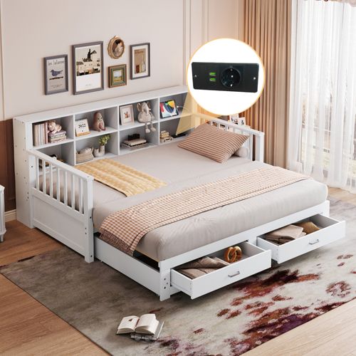 Lit Gigogne 90/180x190 Cm - Coffres Rangement - Port USB - Extensible Multifonction - Bois - Blanc