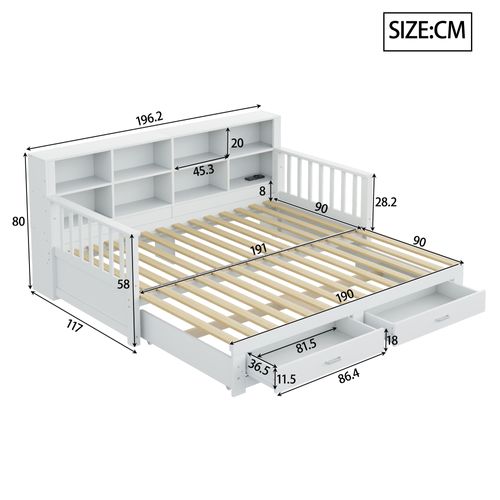 Lit Gigogne 90/180x190 Cm - Coffres Rangement - Port USB - Extensible Multifonction - Bois - Blanc