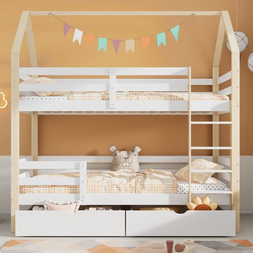 Lit Superposé Enfant 90x200 Cm - Lit Cabane Avec Sommier Et Grands Tiroirs - Bois De Pin - Blanc