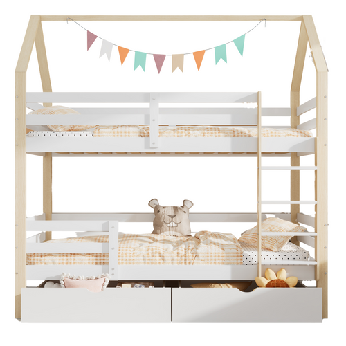 Lit Superposé Enfant 90x200 Cm - Lit Cabane Avec Sommier Et Grands Tiroirs - Bois De Pin - Blanc