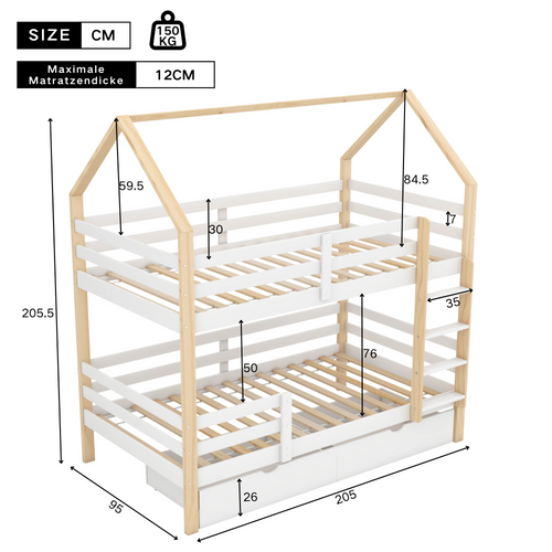 Lit Superposé Enfant 90x200 Cm - Lit Cabane Avec Sommier Et Grands Tiroirs - Bois De Pin - Blanc