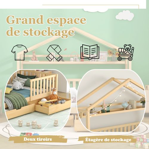 Lit Cabane Enfant 90x200 Cm - Lit Simple Avec Sommier Et 2 Tiroirs - Structure En Pin - Naturel