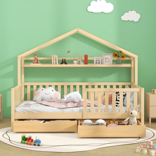 Lit Cabane Enfant 90x200 Cm - Lit Simple Avec Sommier Et 2 Tiroirs - Structure En Pin - Naturel