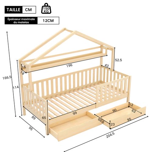Lit Cabane Enfant 90x200 Cm - Lit Simple Avec Sommier Et 2 Tiroirs - Structure En Pin - Naturel
