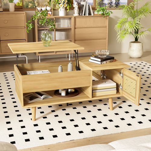 Table Basse - Plateau Relevable - Portes En Rotin - Tiroirs - Rangement Caché - Multifonction - Bois