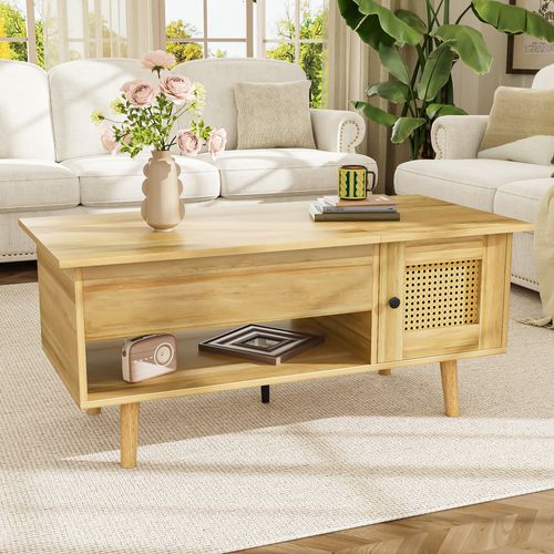 Table Basse - Plateau Relevable - Portes En Rotin - Tiroirs - Rangement Caché - Multifonction - Bois