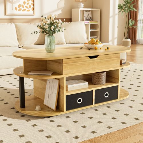 Table Basse Relevable Avec 2 Tiroirs Et Rangement, Bois/noir