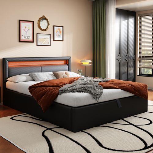 Lit Coffre 140x190 Cm - Lit Capitonné - LED Multicolores - Coffre De Rangement - Simili Cuir - Noir