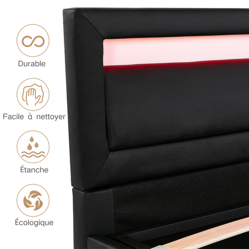 Lit Coffre 140x190 Cm - Lit Capitonné - LED Multicolores - Coffre De Rangement - Simili Cuir - Noir
