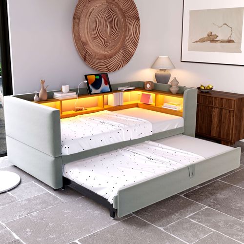 Lit Gigogne 90/180x190 Cm - Rangement - LED - USB - Convertible Ado - Flanelle - Gris Clair