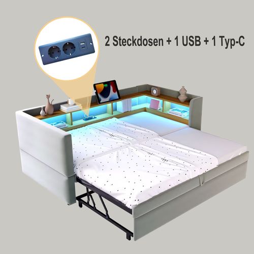 Lit Gigogne 90/180x190 Cm - Rangement - LED - USB - Convertible Ado - Flanelle - Gris Clair