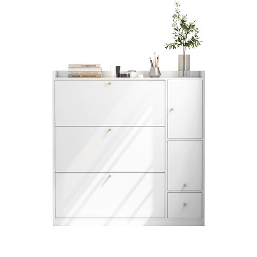 Meuble à Chaussures Basculant - 3 Tiroirs - Rangement Intégré - Banc Multifonction - Blanc