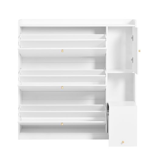 Meuble à Chaussures Basculant - 3 Tiroirs - Rangement Intégré - Banc Multifonction - Blanc