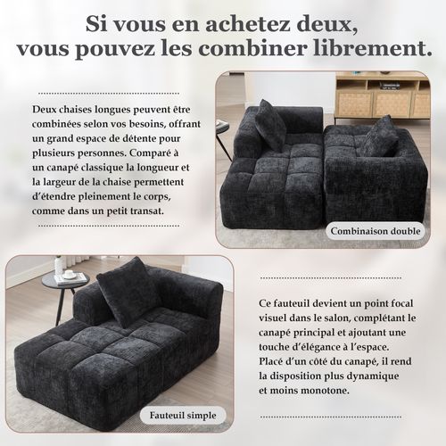 Méridienne Intérieure Contemporaine Avec Poches Latérales, Revêtement Chenille, Assise Mousse Noir