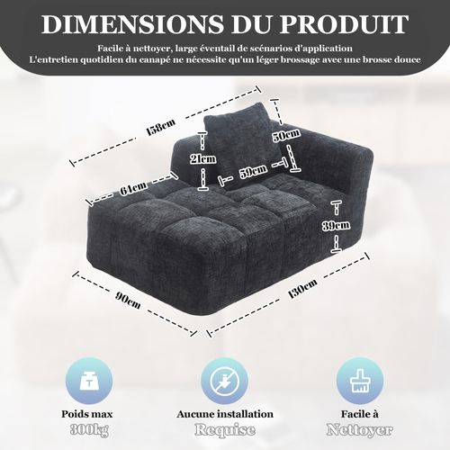 Méridienne Intérieure Contemporaine Avec Poches Latérales, Revêtement Chenille, Assise Mousse Noir