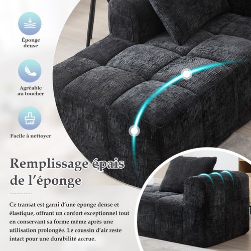 Méridienne Intérieure Contemporaine Avec Poches Latérales, Revêtement Chenille, Assise Mousse Noir
