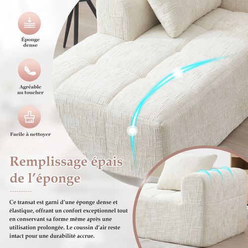 Méridienne Intérieure Contemporaine Avec Poches Latérales, Revêtement Chenille, Assise Mousse Beige