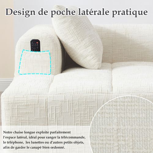 Méridienne Intérieure Contemporaine Avec Poches Latérales, Revêtement Chenille, Assise Mousse Beige