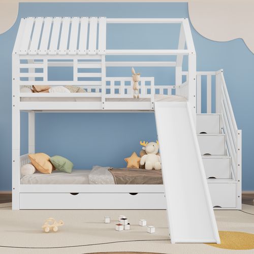 Lit Superposé 90x200 Cm - Cabane Enfant - Toboggan - Lit Gigogne - 2 Tiroirs - Pin Mdf Cp - Blanc